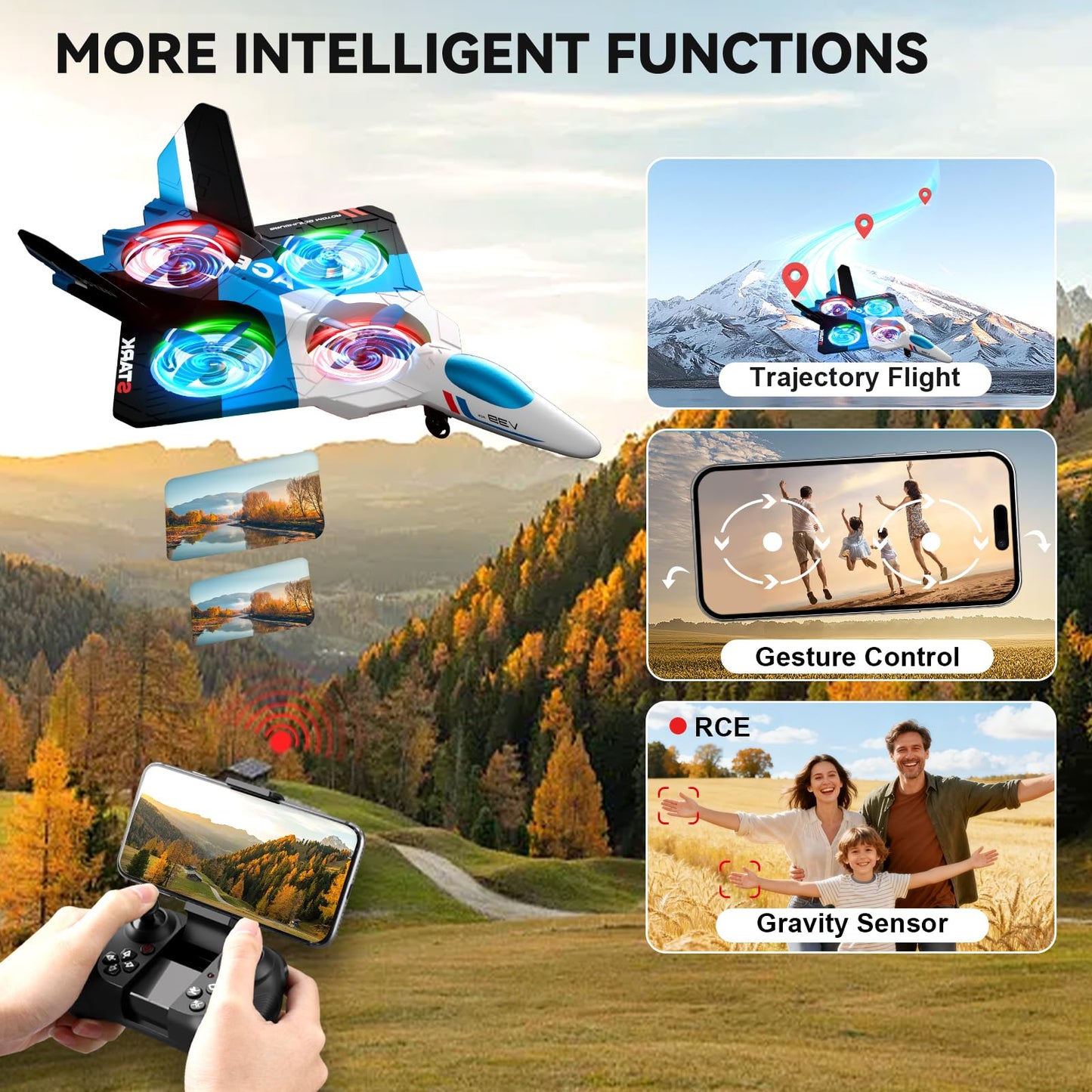4DRC V39 Foam Remote Control Airplanes RC Planes with Camera,RC Airplane Fighter Jet with Light,Gravity Control, Auto-Follow, Trajectory Flight,One Key Take Off, 2 Batteries,Blue