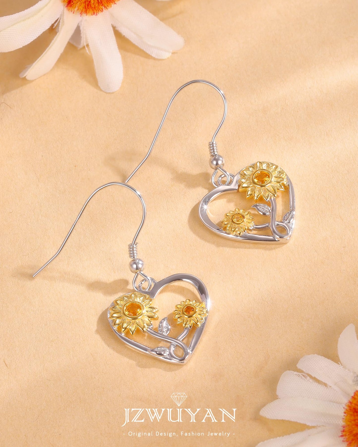 Silver Sunflower Heart Earrings for Women,925 Sterling Silver Sunflower,Daisy Heart Dangle Earrings, Sterling Silver, Cubic Zirconia