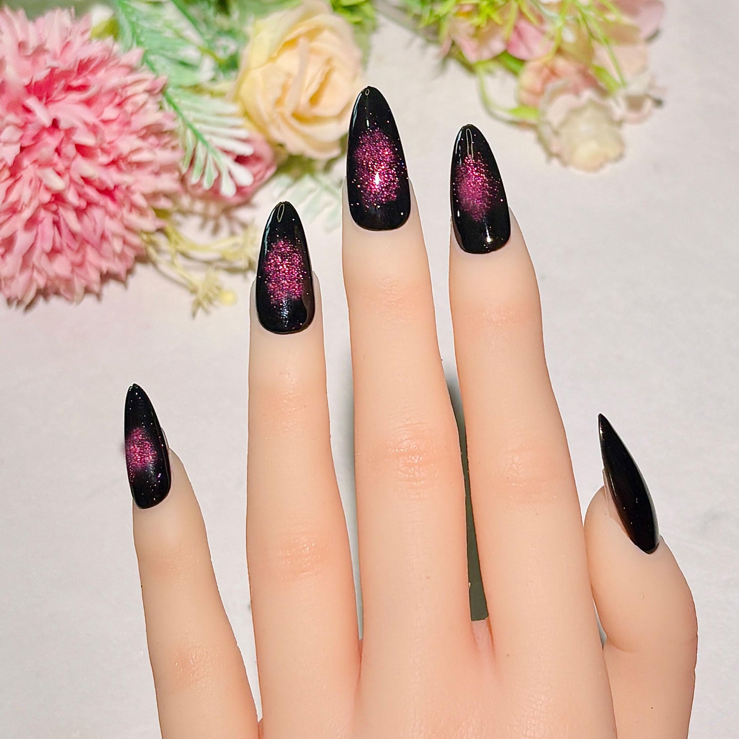 Handmade Holographic Cat Eye Press on Nails Medium Almond-Dark Fake Nails Press Ons Chrome Black, Reusable cat eye press on nails (M, 02)