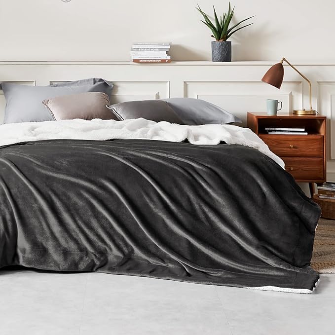 Bedsure Sherpa Fleece Blankets King Size for Bed - Thick and Warm, Soft Fuzzy Plush King Blanket for Winter, Charcoal, 108x90 Inches