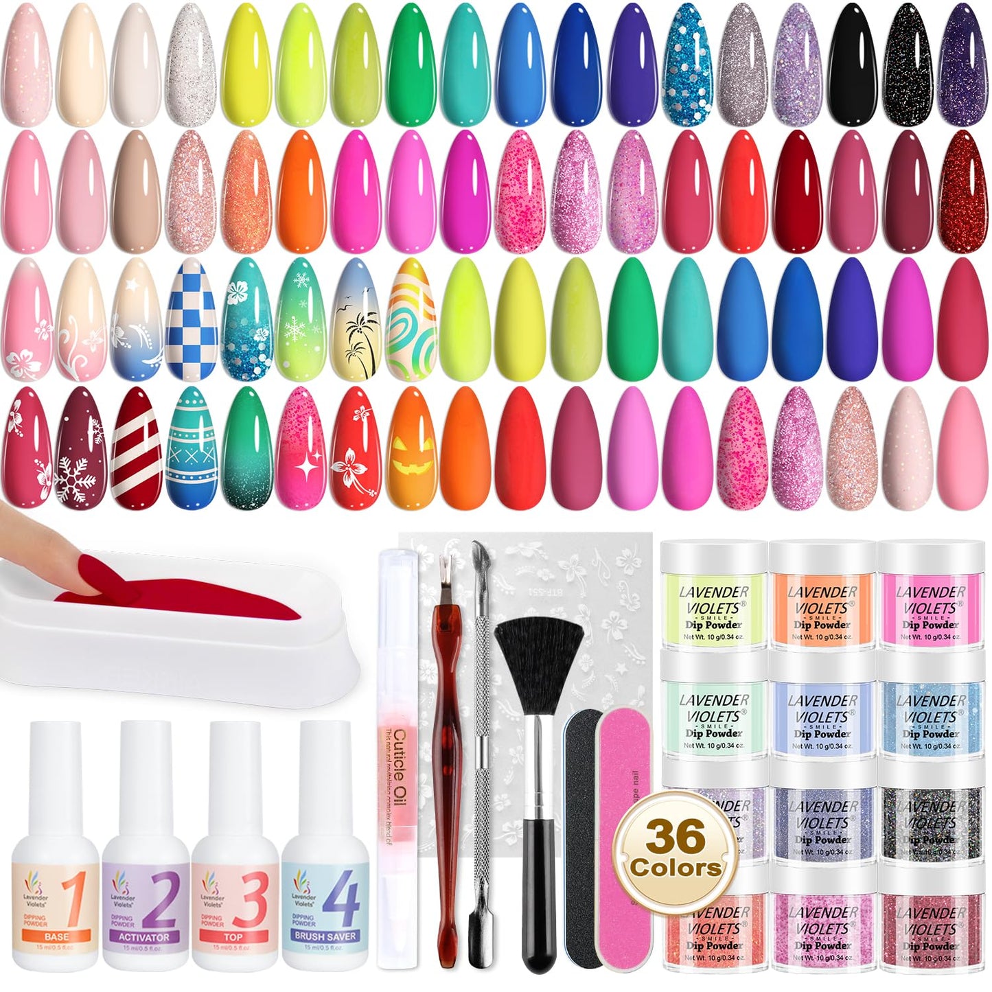 Lavender Violets 48 Pcs Dip Powder Nail Kit Starter, 36 Colors Pink Red Yellow Green Blue with Dip Powder Liquid Set and Essential Manicure Tools for Nail Art Designs B950