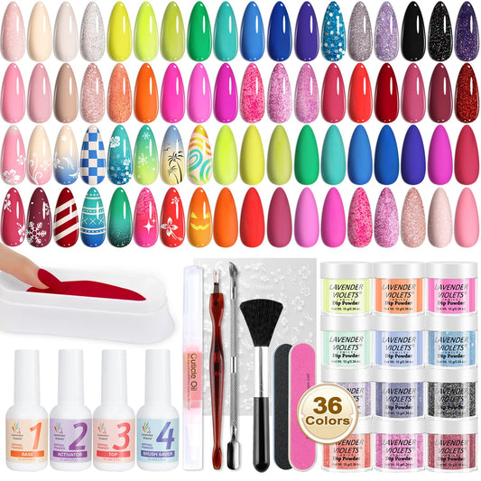 Lavender Violets 48 Pcs Dip Powder Nail Kit Starter, 36 Colors Pink Red Yellow Green Blue with Dip Powder Liquid Set and Essential Manicure Tools for Nail Art Designs B950