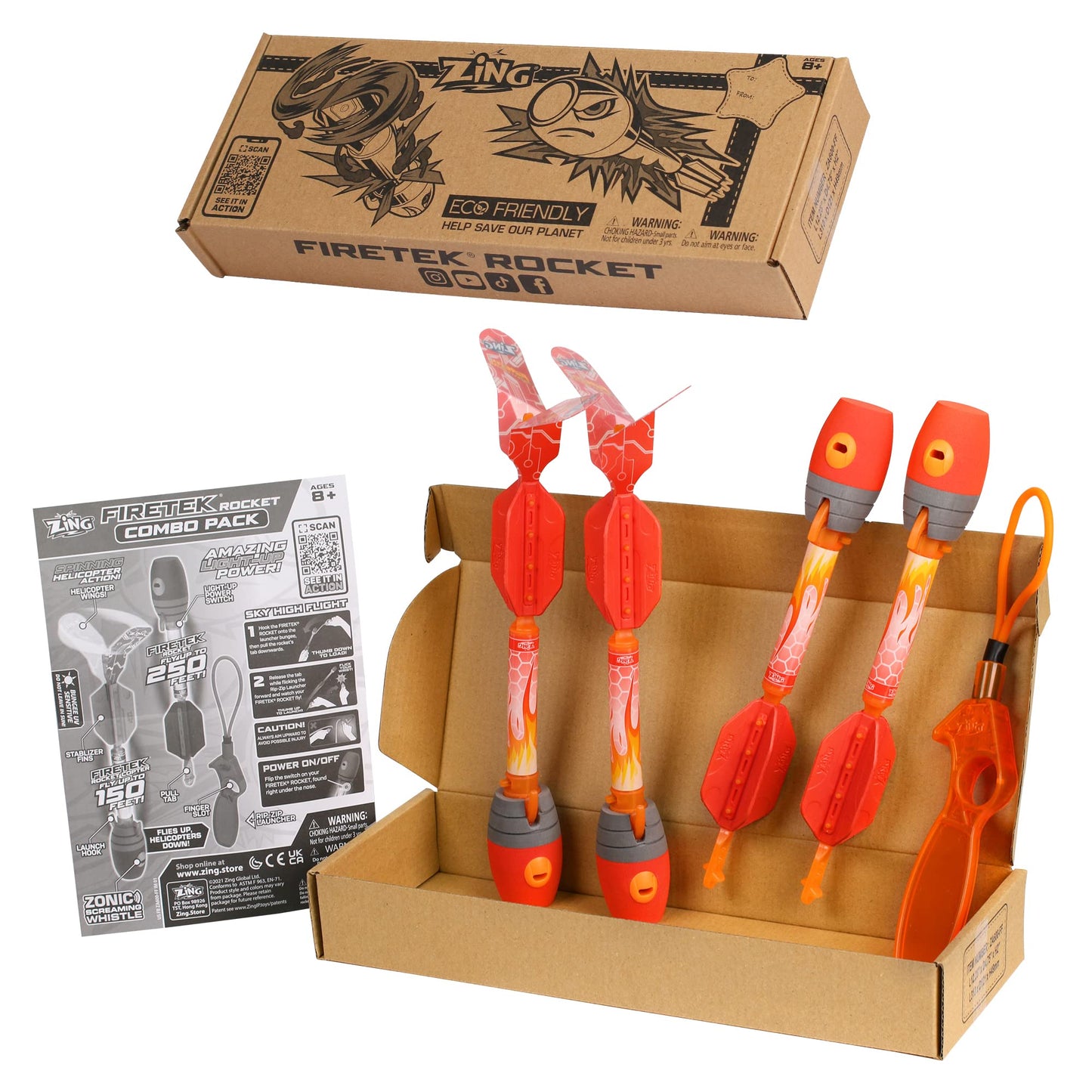 Zing Firetek Rocket Combo Pack, Light-Up Toys Include 2 Firetek Rockets (Fly up to 250 Feet), 2 Firetek Copters (Fly up to 150 Feet) and 1 Rip Zip Launcher, for Kids Ages 8 and Up
