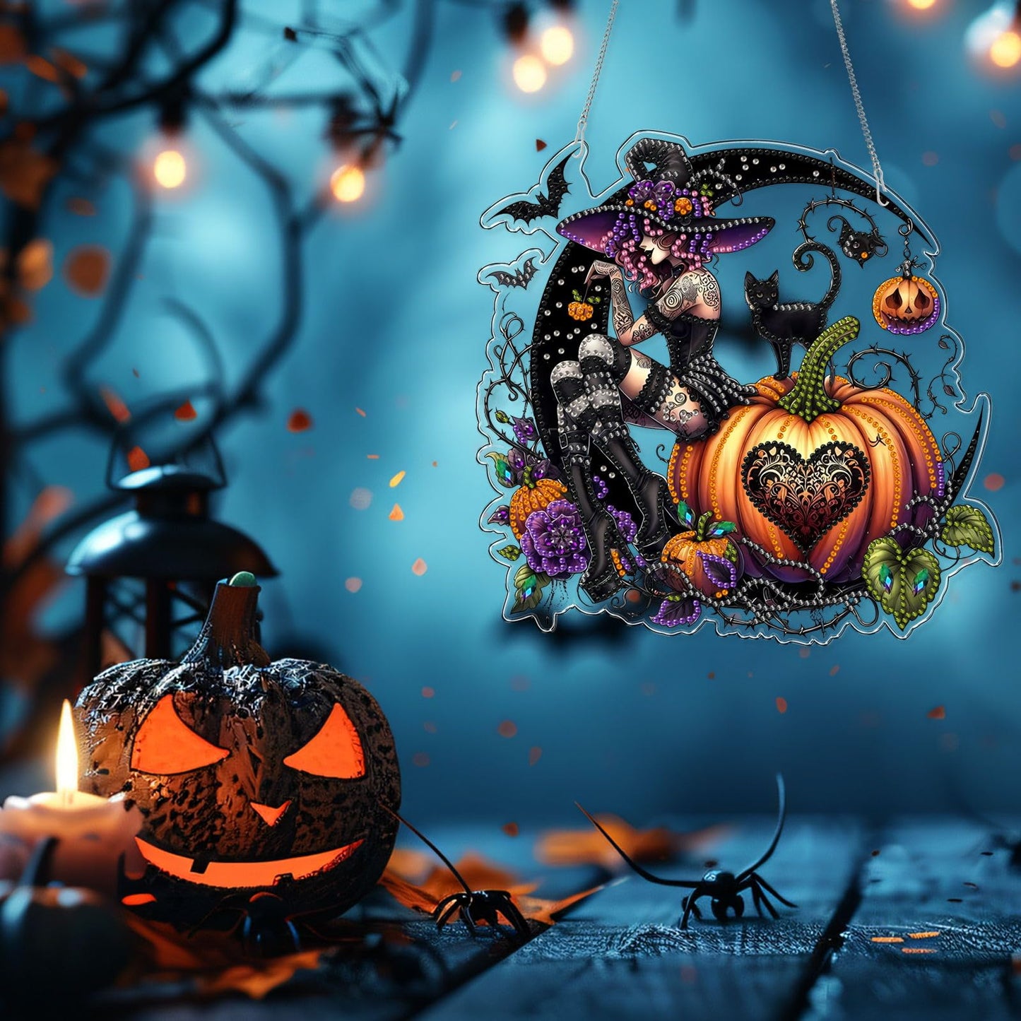 VODAPYC Halloween Witch Diamond Art Hanging Kit for Adults, DIY Double Sided Special Shaped Diamonds Art Window Pendant Ornament for Home Decor(Halloween Witch)