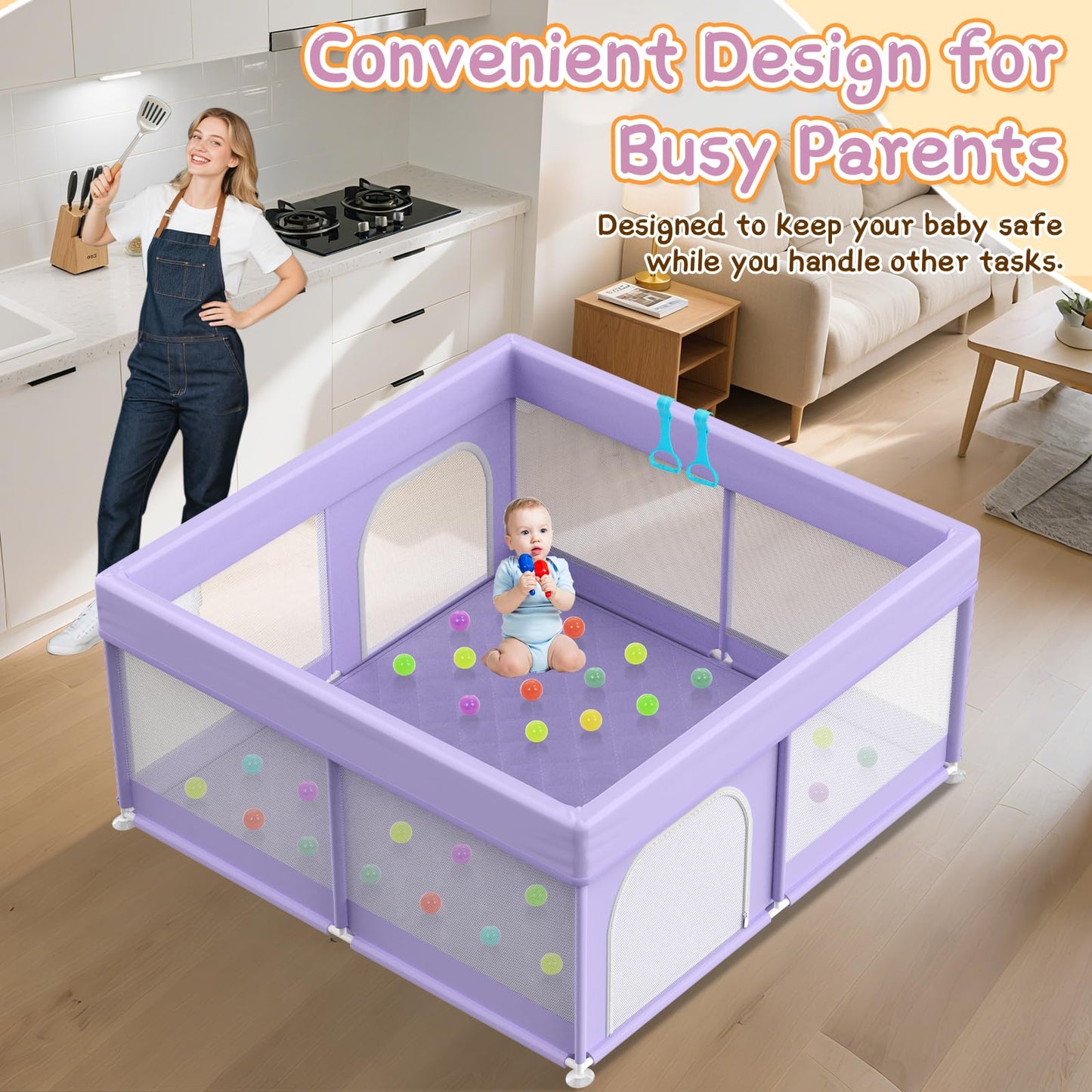 Baby Playpen with Mat 64"x64" - Playpen for Babies and Toddlers with Mat for Apartment - Play Yard with mat Included - Soft Breathable Mesh - All-Wrapped Sponge Play Pen with Handle & Bag (Purple)