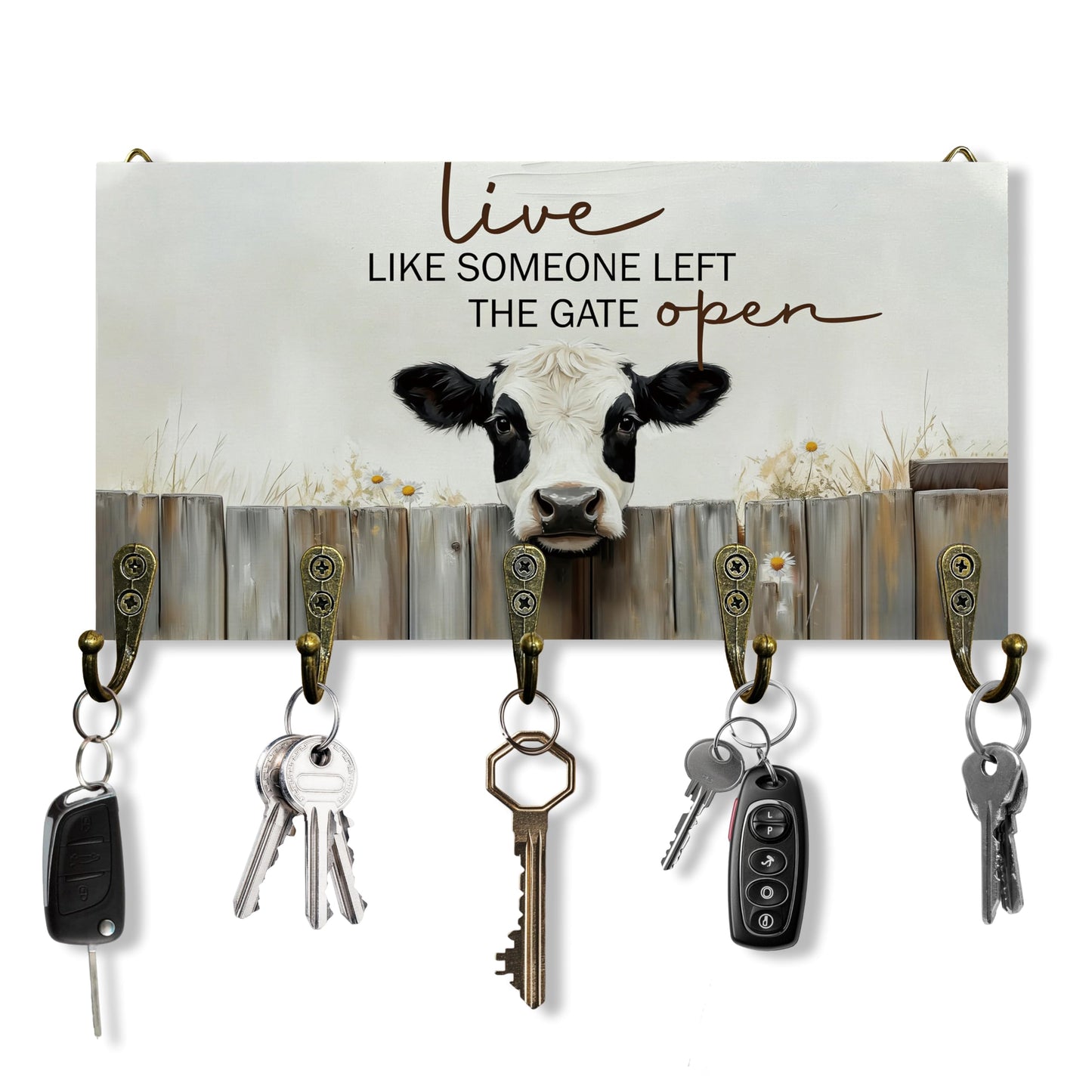Beliran Cow Gifts Key Holder for Wall 10"x5.12", Cow Decor Key Hanger Wall Mount, Live Like Someone Left The Gate Open Rustic Farmhouse Cows Wooden Hanging Keys Holder Decor for Entryway