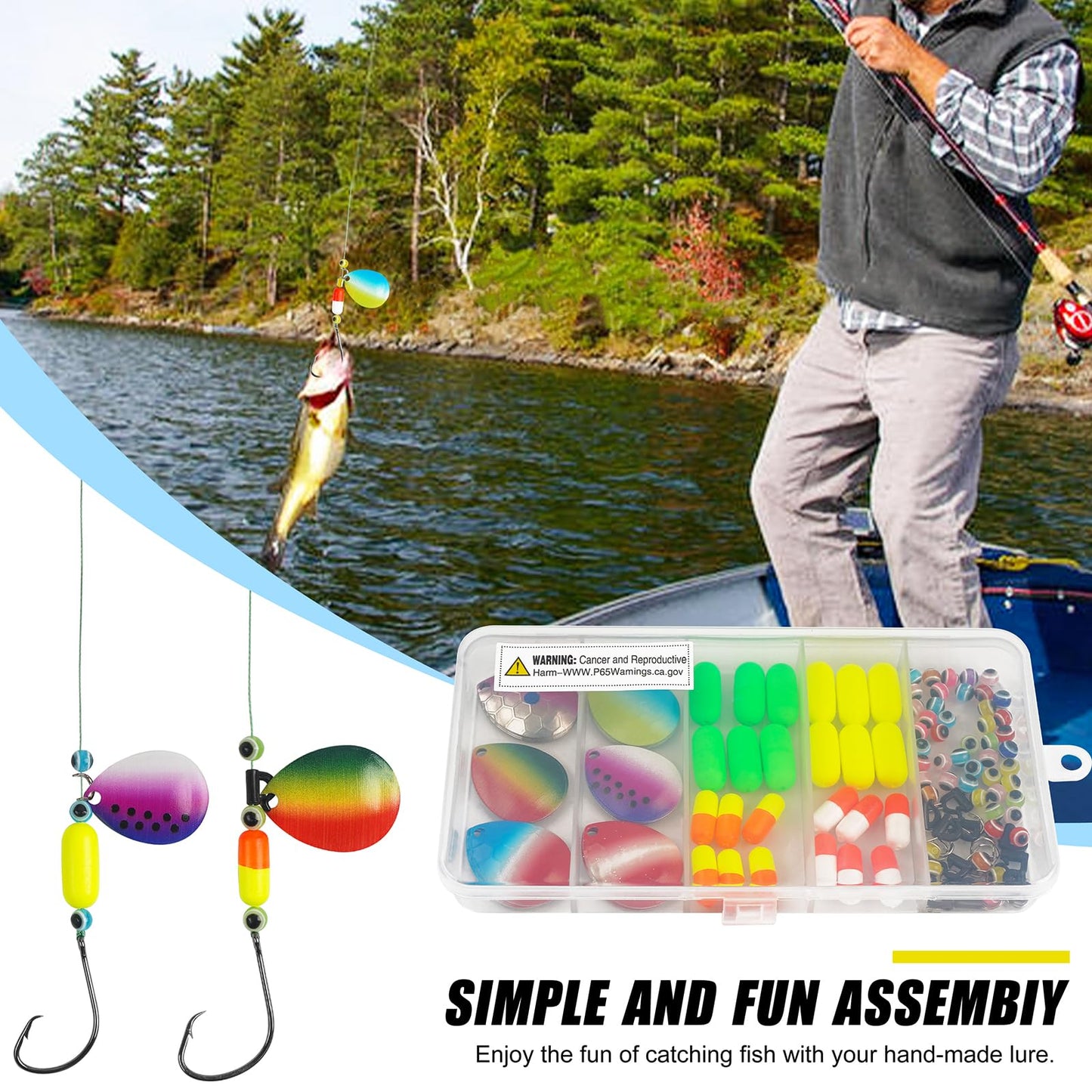 Walleye Rigs Fishing Lure Making Kit, 128pcs Includes Colorado Blades, Floats, Hooks, Swivels, Beads & Mono Line - DIY Walleye, Kokanee, Trolling Rigs