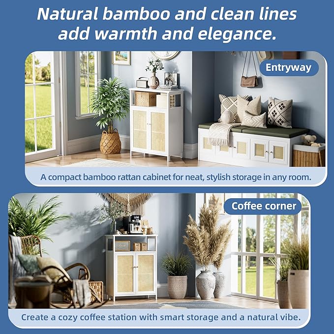 HITNET Bamboo Cabinet, Rattan Storage Cabinet with Doors, Freestanding Floor Cupboard for Bathroom, Living Room, Hallway, White