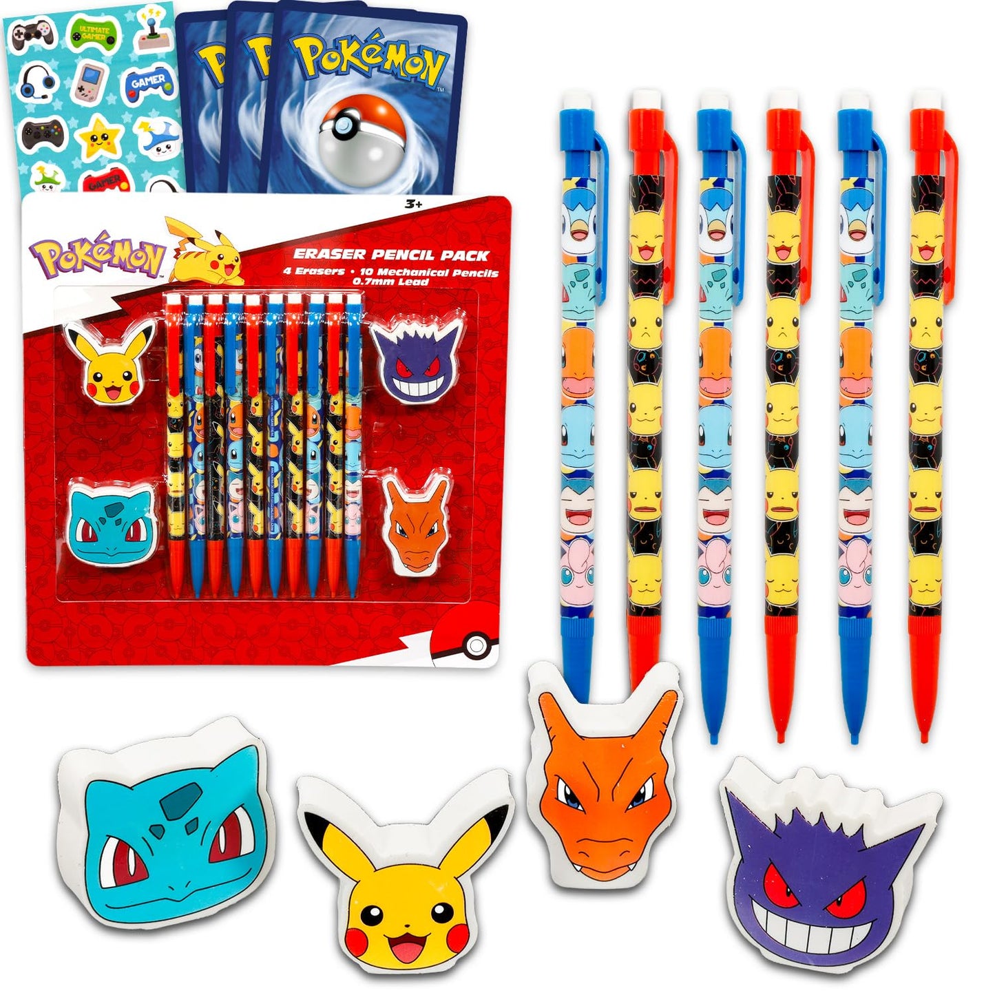 10 Count Pokemon Mechanical Pencils for Classroom Set - Bundle 10 Pencils, 4 Erasers, Plus Stickers, More | Pokemon School Supplies for Kids, Boys, Girls