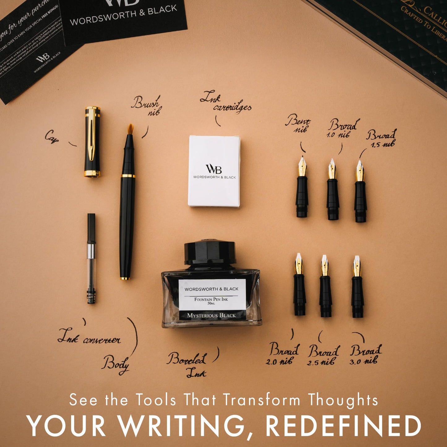Wordsworth & Black Calligraphy Pen Gift Set, Includes Bottle, 6 Cartridges, Refill Converter, 6 Replacement Nibs, Premium Package, Journaling, Smooth Writing Pens [Black Gold]