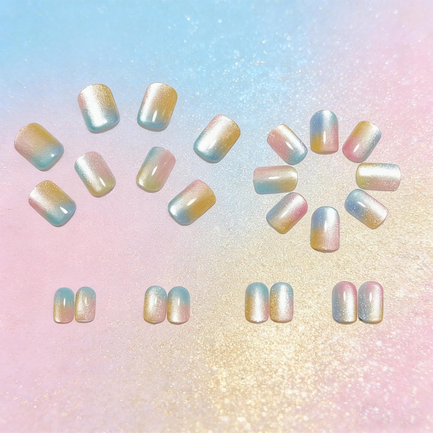 Gradient Colorful Press on Nails Short Square Fake Nails Sparkly Glitter False Nails with Candy Color Designs Glossy Stick on Nail Reusable Artificial Summer Nails for Women Manicure 24Pcs