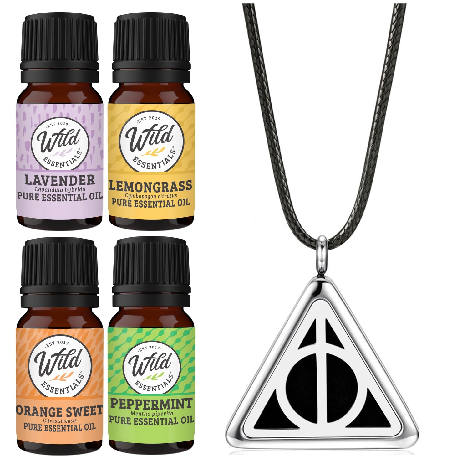 Wild Essentials Potter Hallows Aromatherapy Diffuser Necklace13-PieceGift Set –Includes 4 Pure Essential Oils, Black Rope Necklace, Steel Pendant, 8 Pads –Calming Aromatherapy Essential Oil Necklace