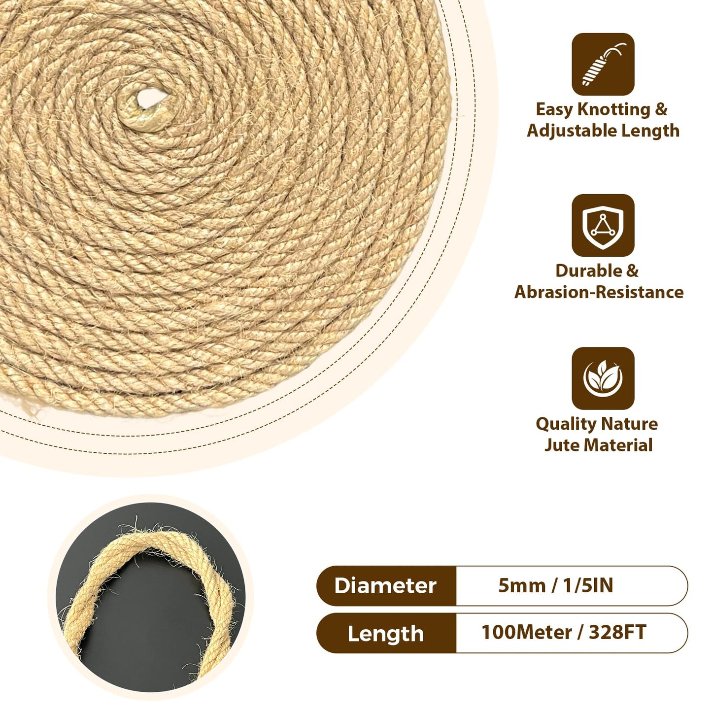 Natural Jute Twine 5mm x 328ft, 4Ply Twisted Heavy Duty Rope Roll for Gardening, Crafting, Bundling, Cat Scratching Post, Home Decor, Christmas Decorations