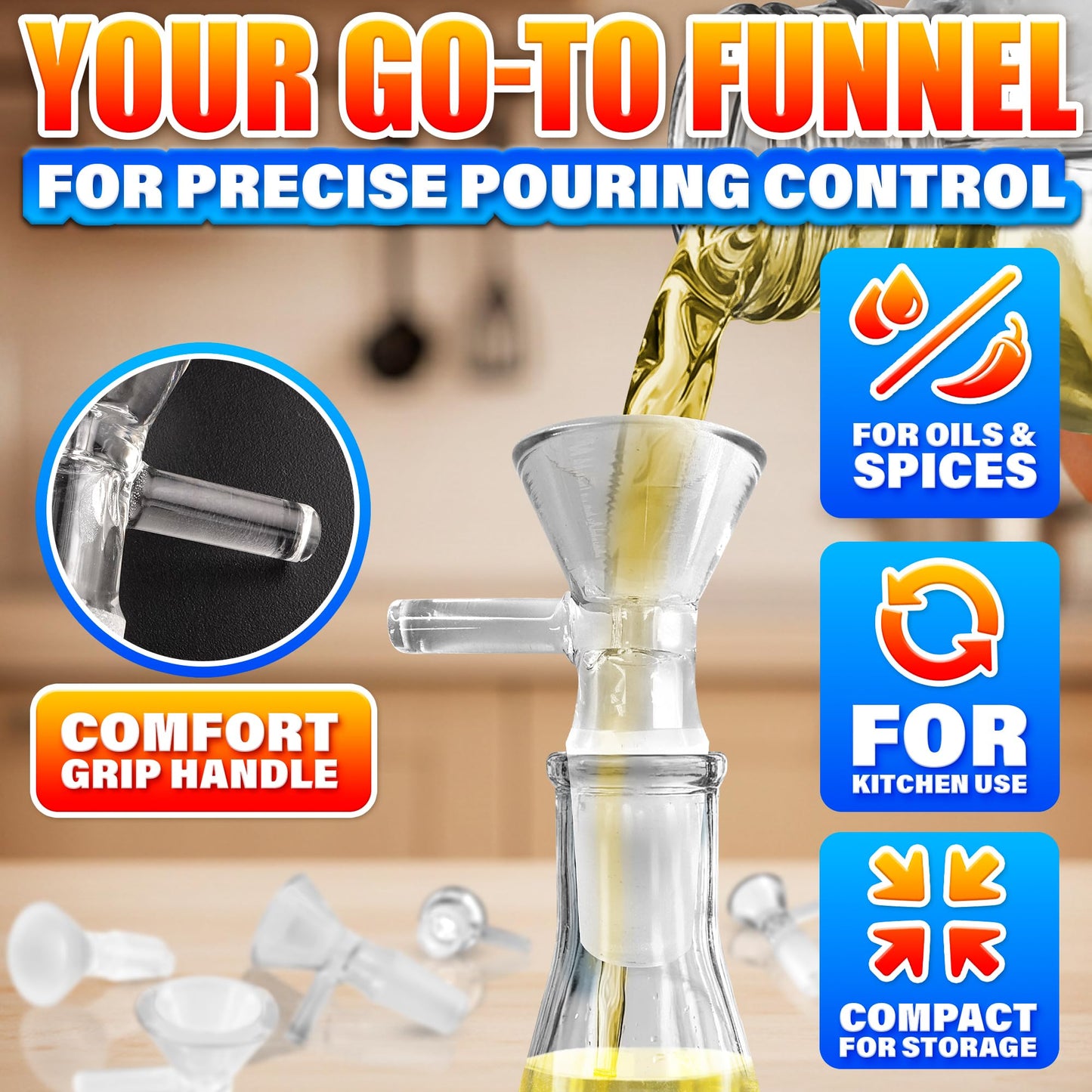 12-Pack 14mm Glass Funnel with Handle – Thick Spill-Resistant Clear Glass Funnels for Liquids and Oils – Easy Pouring, Ergonomic Handle for Kitchen & DIY Projects | 2 Cleaning Brushes for Easy Clean