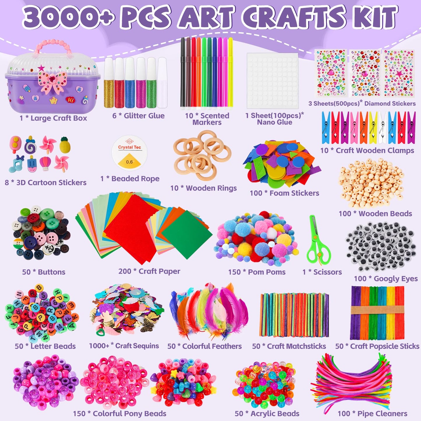 VERYHDSN Arts and Crafts Supplies for Kids-3000+ Pcs DIY Arts & Craft Kit for Boys Girls Ages 4 5 6 7 8 9 10 11 12, 25+Types Craft Materials Bulk, Larage Craft Box Set, Fun&Creative Gift