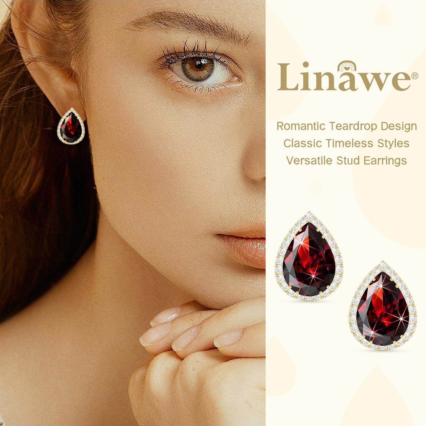 Linawe Red Imitation Diamond Stud Earrings for Women, Gold Cubic Zirconia Earrings Studs, Iridescent Teardrop Statement Rhinestone Garnet Crystal Earrings Set, Costume Wedding Jewelry