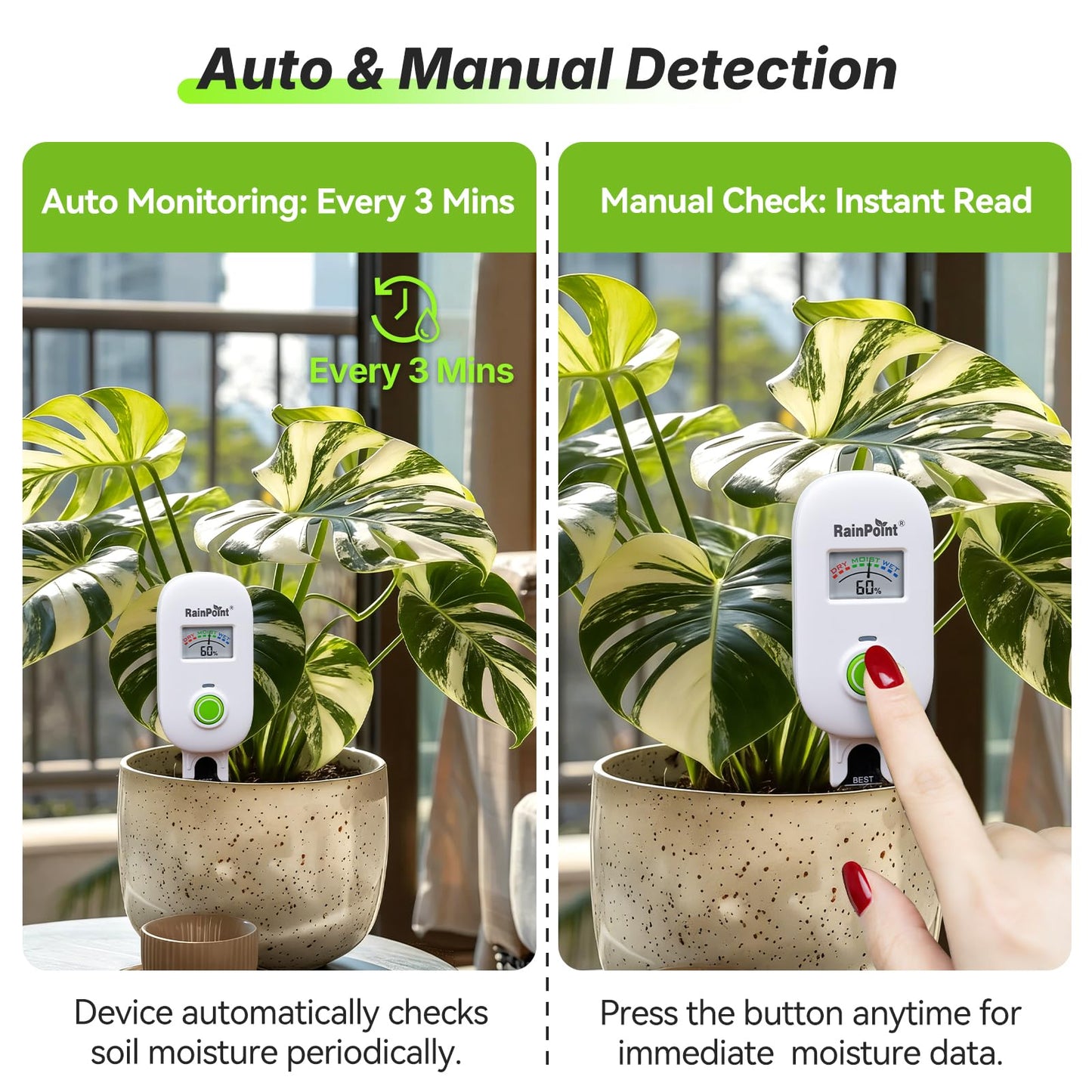 [2026 Version]RAINPOINT Visual Gauge Digital Smart Wireless Plant Moisture Meter,WiFi Hub Needed,Indoor & Outdoor Use,Capacitive Leave-in Soil Hygrometer Sensor Garden House Plant Care Must Haves