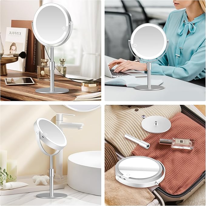 Magnifying Mirror with Light 20X, Height-Adjustable Lighted Makeup Mirror with Magnification, Double-Sided Aluminum Alloy LED Mirrors, 3 Lighting Modes Ideal for Bathroom Make-up, Silver