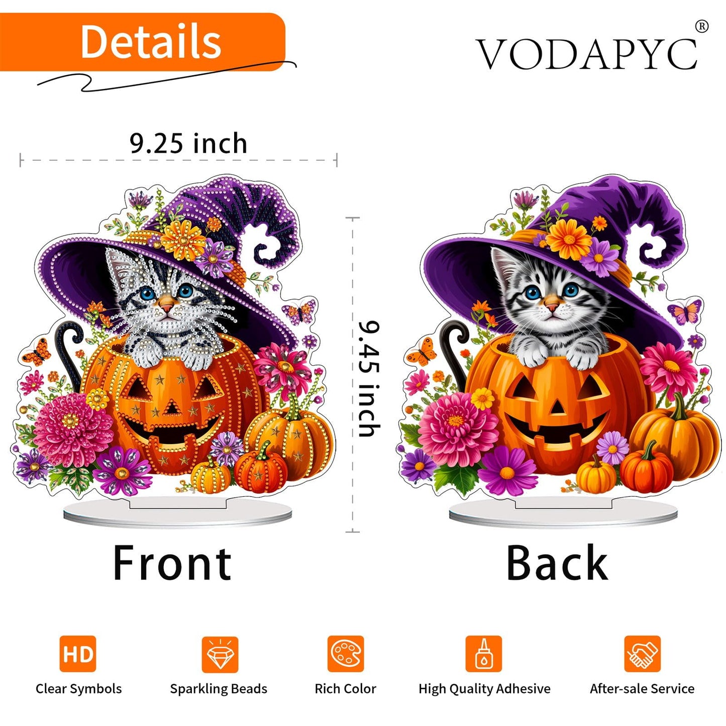 VODAPYC Halloween Diamond Art Tabletop Painting Kit, DIY Stand Up Double Sided Special Shaped Diamond Painting Desktop Ornament(Halloween-Cat)