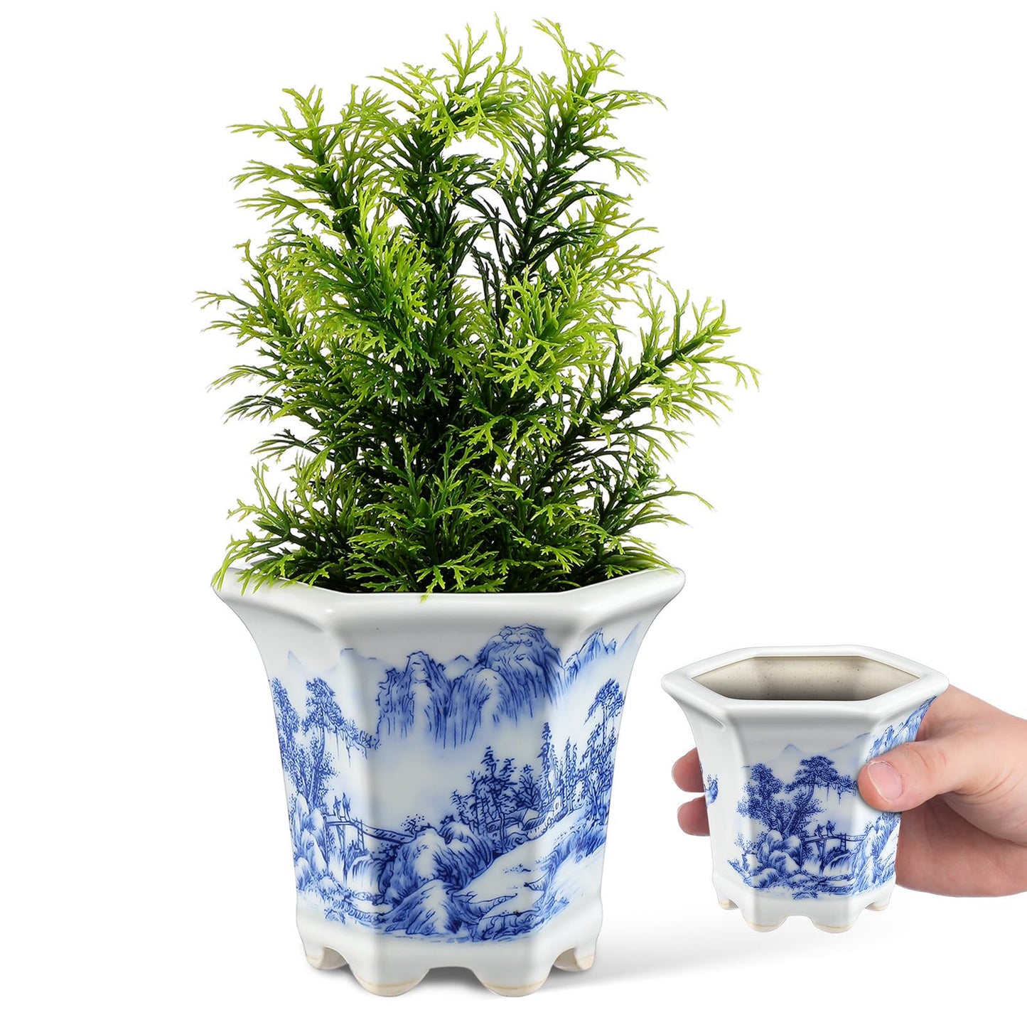 VOSAREA 3.54In Blue and White Planter Pot, Chinoiserie Ceramic Blue and White Pot for Indoor Plants, Succulent Ceramic Planter Desk Home Decor