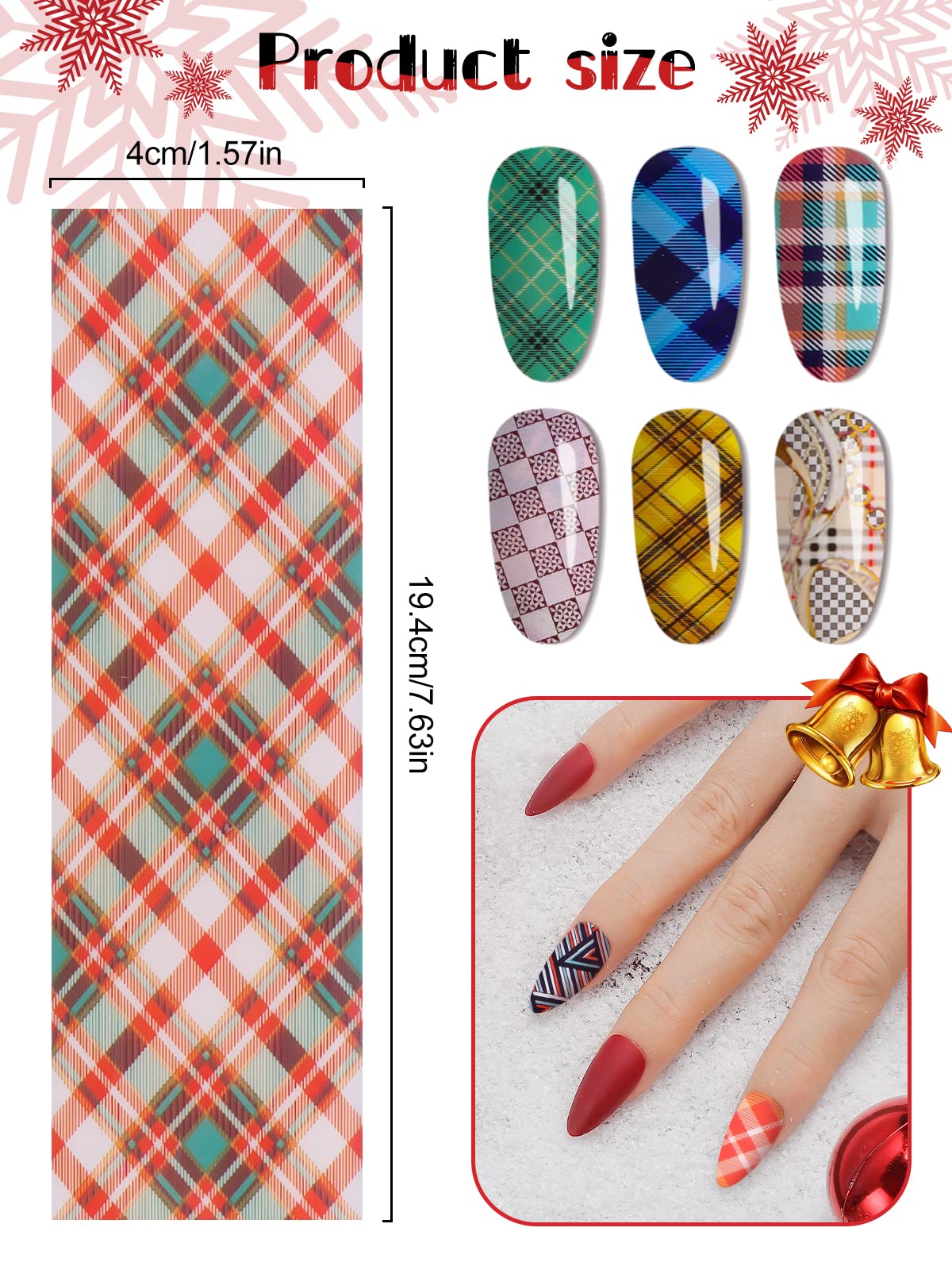 20 Sheets Buffalo Plaid Nail Foil Transfer Sticker, Kalolary Christmas Holographic Lines Foil Full Nail Wraps Decals for Winter DIY Nail Art