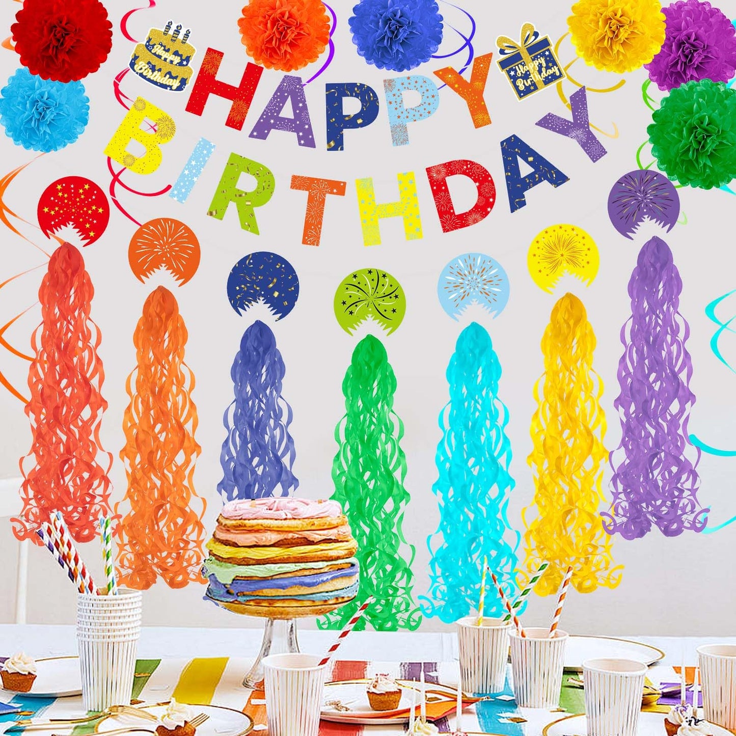 Rainbow Birthday Decorations Kit, 22Pcs Pre-Strung Happy Birthday Banner, Hanging Swirls & Paper Flowers for 21st 30th 40th 50th 60th Milestone Birthday Party Supplies
