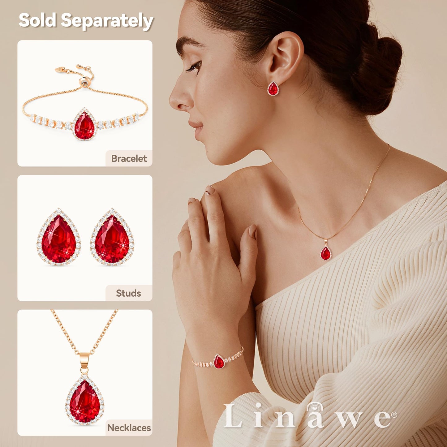 Linawe Ruby Red Imitation Diamond Stud Earrings for Women, Cubic Zirconia Teardrop Rhinestone Crystal Earrings Studs, Rose Gold Wedding Earrings Bridal Bridesmaid Ear Piercing Jewelry