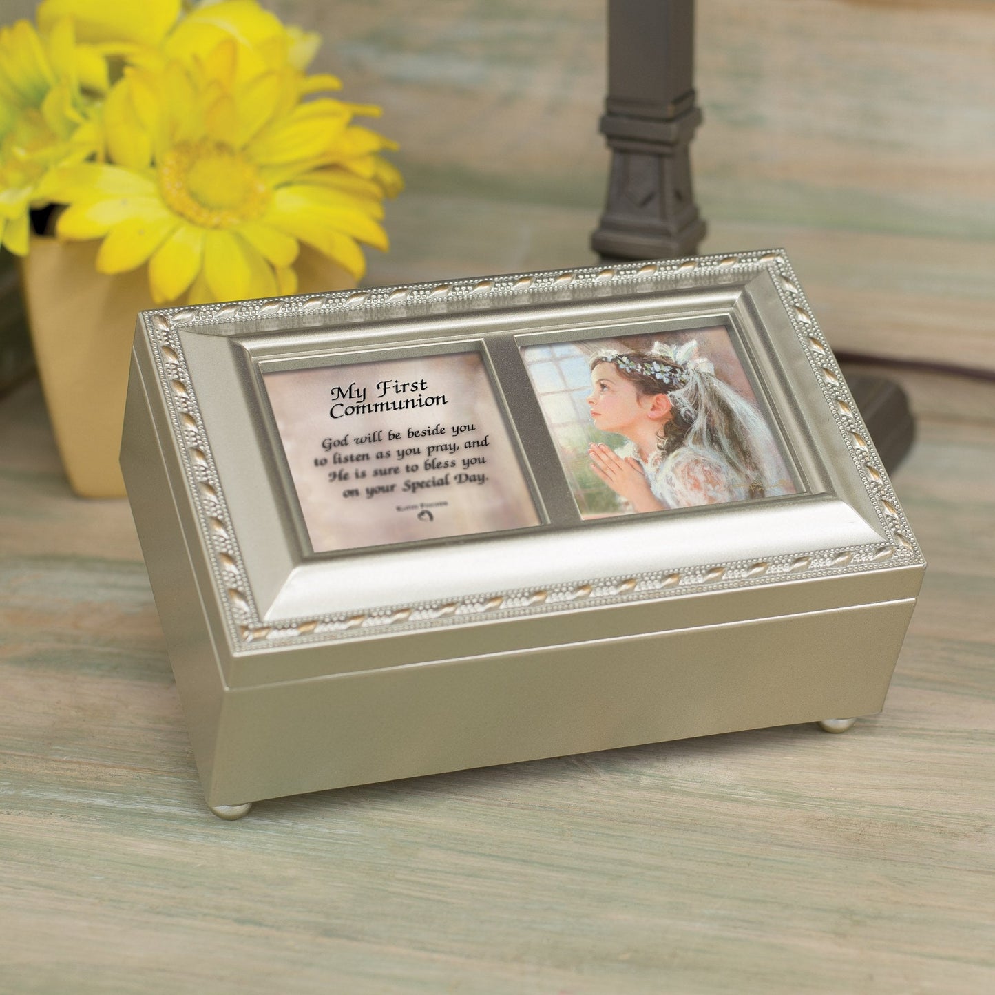 Cottage Garden First Communion God Beside You Brushed Silvertone Jewelry Music Box Plays Amazing Grace