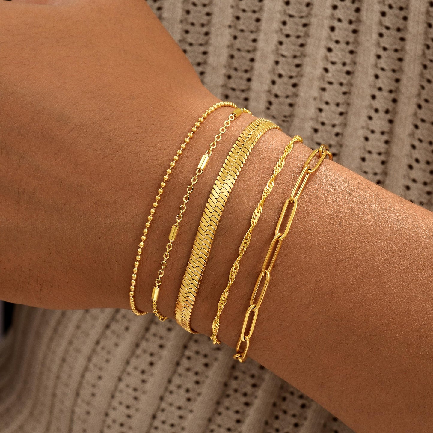 Striviio Gold Bracelets for Women, 14K Gold Plated Stackable Bracelet Stack Set Adjustable Charm Paperclip Chain Snake Link Layered Waterproof Jewelry Sets Gifts