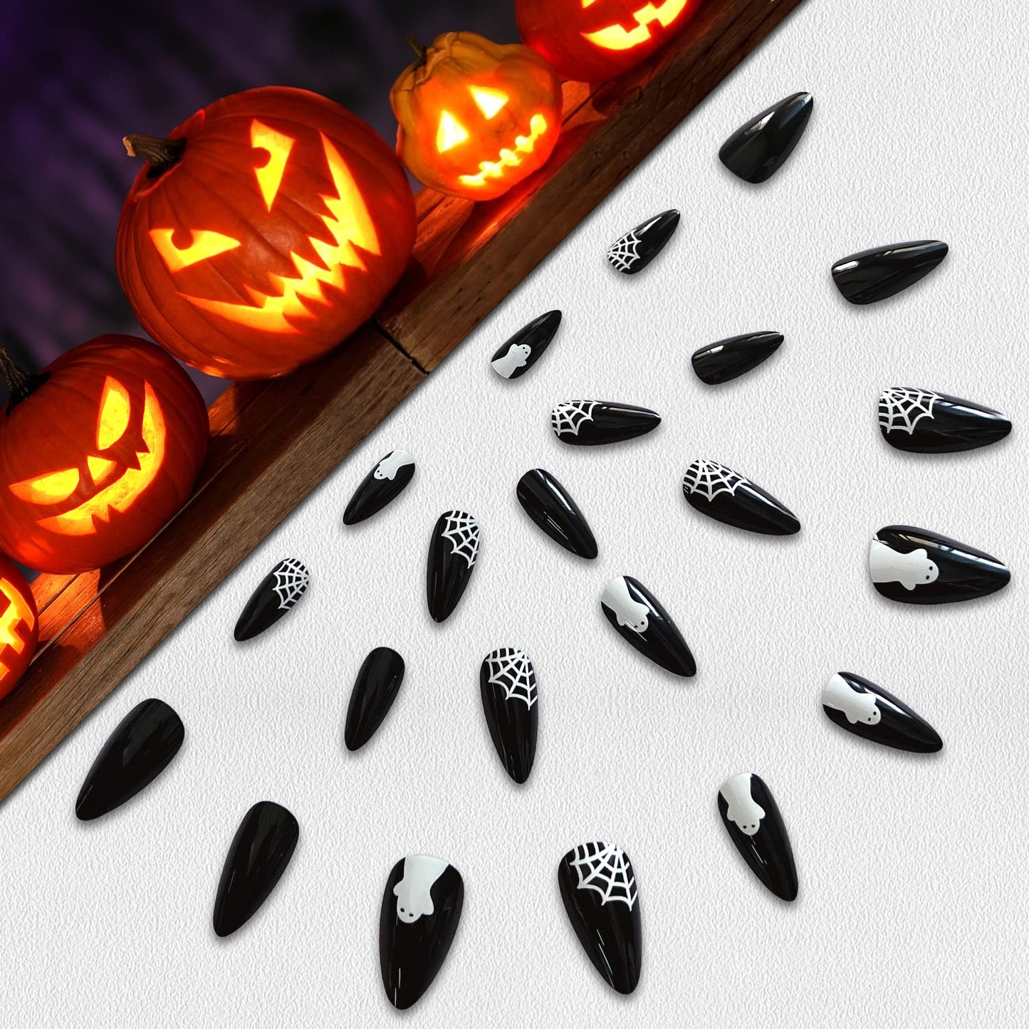 KQueenest Black Press on Nails Medium Almond Stiletto with Ghost Pattern, Gel Fake Nails Medium, Acrylic Nails Press ons Feature Protective UV Coating in 24PCS