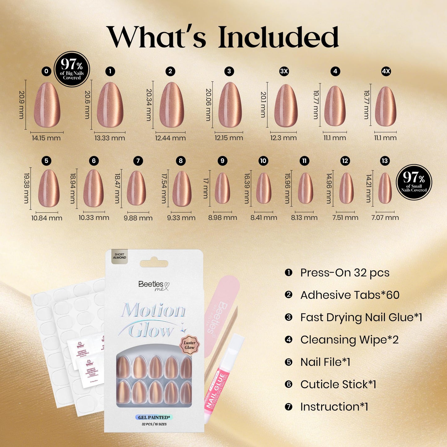 Beetles Motion Glow Cat Eye Press On, Short Almond Press On Nails Soft Nail Gel With Nail Glue, 32pcs 16 Sizes, Girls Stick On Nails, Salon-Ready Gift for Women Luster Glow