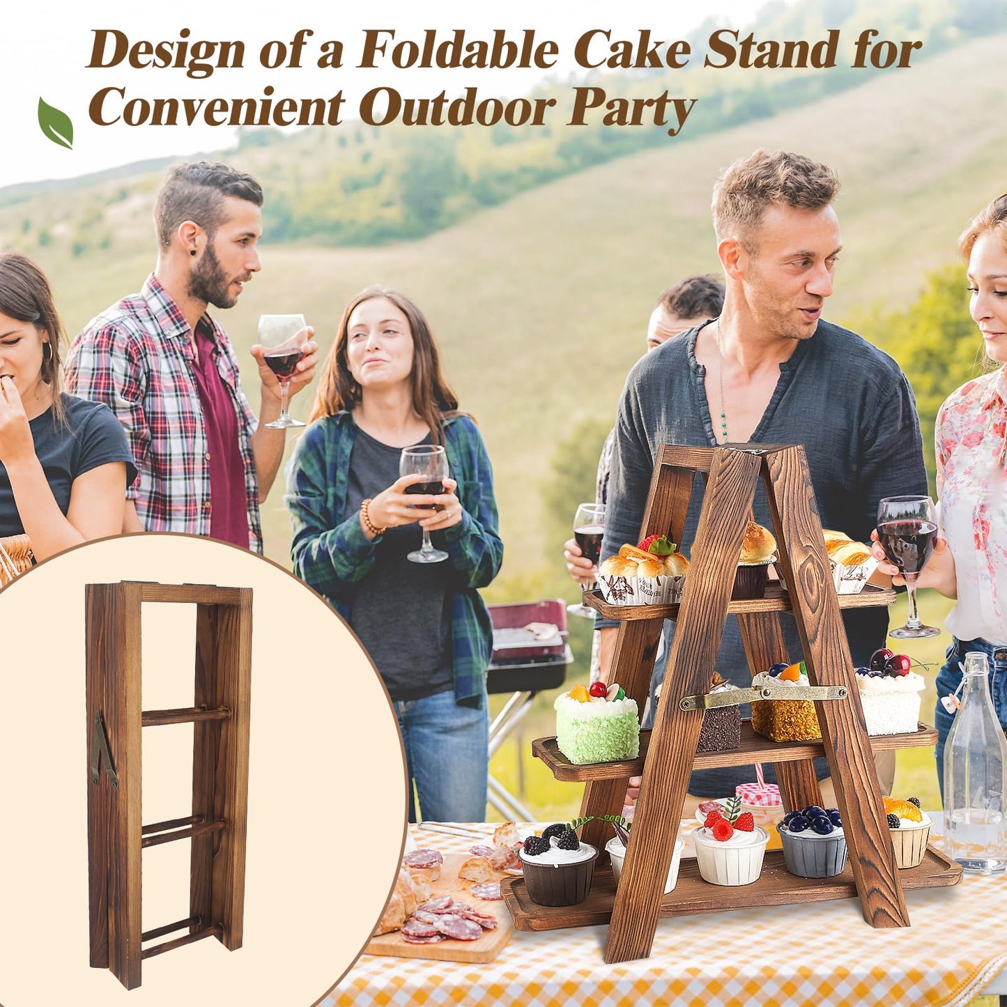 Wisreach Wooden 3 Tier Cupcake Stand with Swing and Flower Decoration Serving Removable Tray Display Serving Ladder Foldable Stand with Serving Platter Tray Party Food Display Set for Cake Snack Fruit Chips Bread Centerpieces Catering