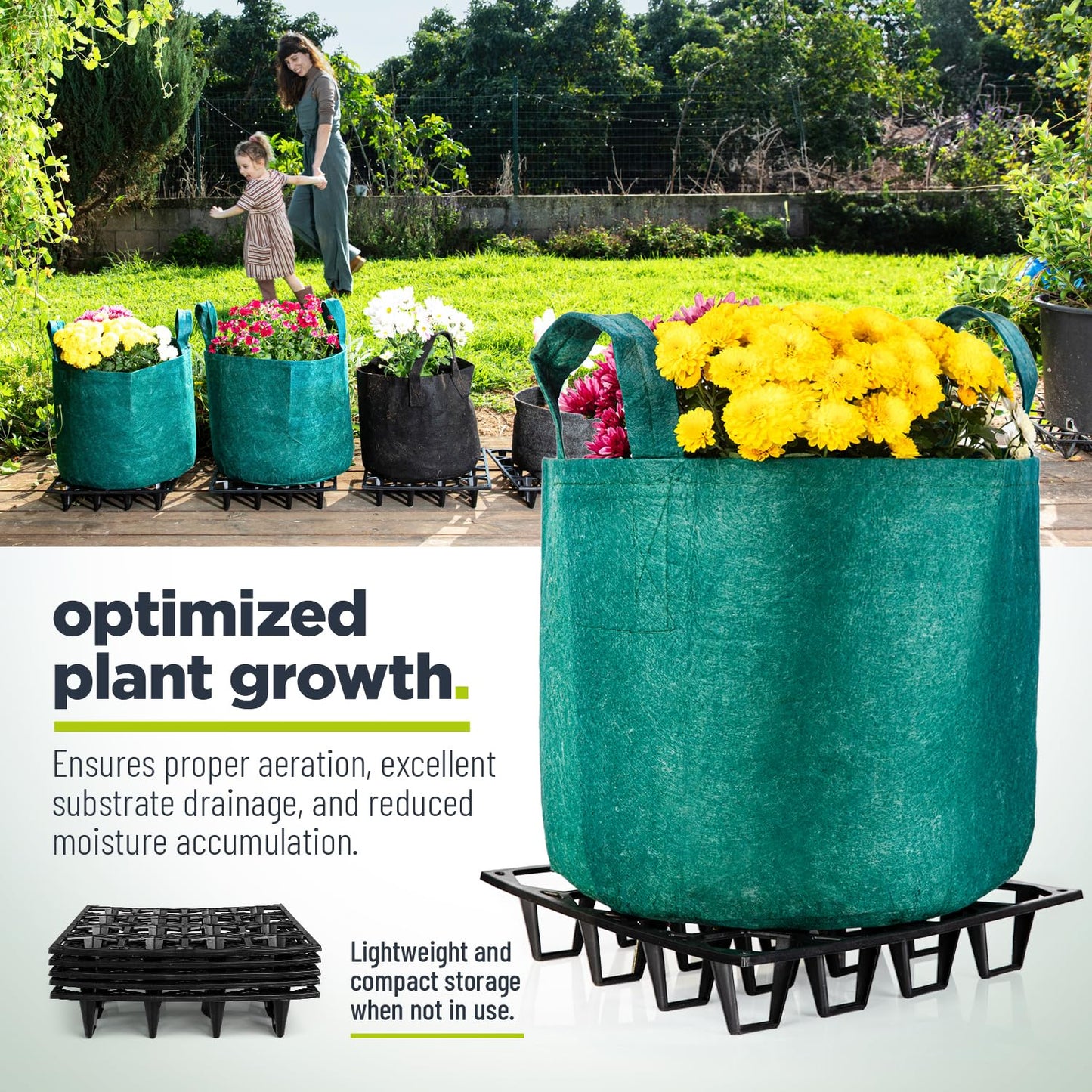 Cannrise Plant Riser – Modular Pot Spacer for Grow Bags, Planters & Containers – UV-Resistant Drainage Tray for Airflow, Root Health & Cleaner Surfaces (Standard Black, 5 Pack)