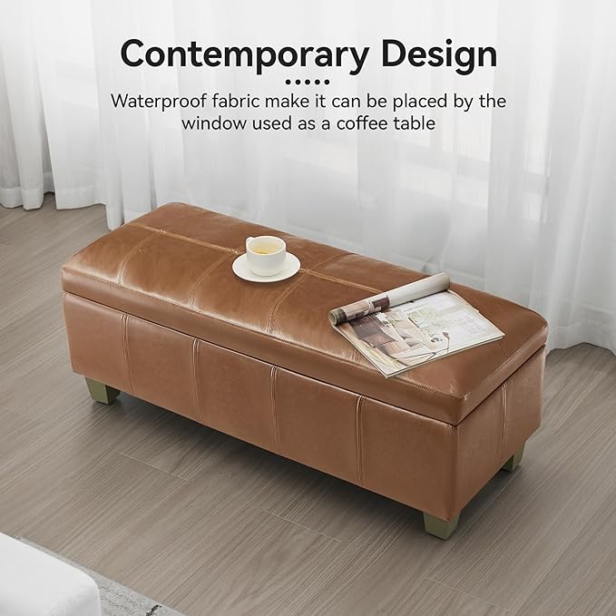 41" Faux Leather Storage Ottoman, Stitch Tufted Rectangle Upholstered End of Bed Storage Bench, Entryway Large Couch Ottoman with Wooden Legs, Light Brown
