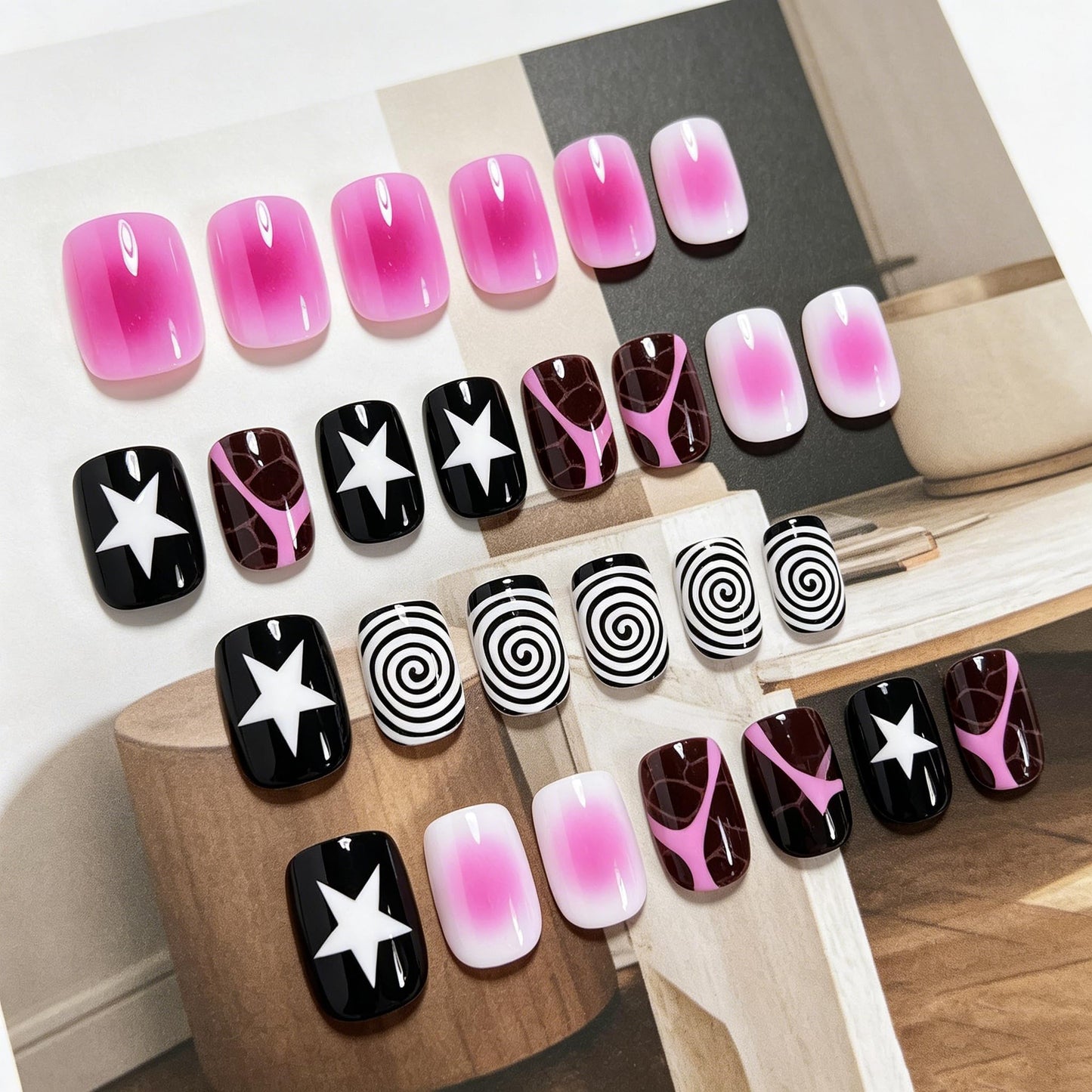 BABALAL Y2K Press On Nails, Short Square Fake Nails, Pink Ombre with Star Print, Black Brown Acrylic Stick On Nails for Women 24Pcs