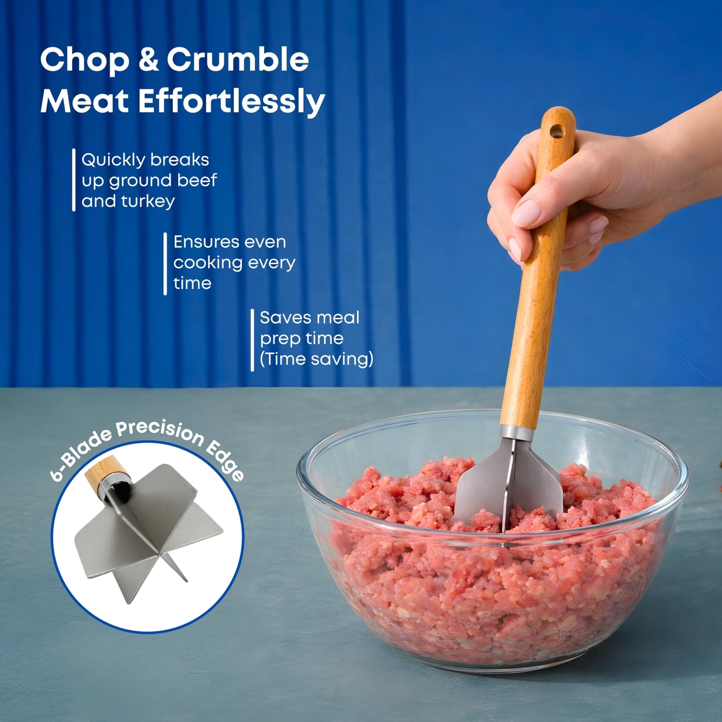 11" Stainless Steel Meat Chopper with Wooden Handle, Heavy Duty 6-Blade Ground Beef & Potato Masher, Heat Resistant Kitchen Tool for Nonstick Cookware