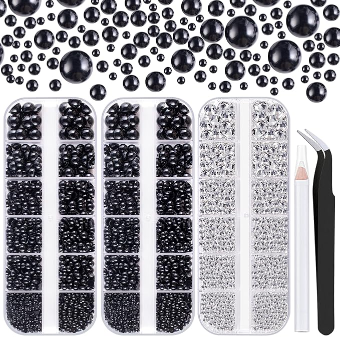 4000PCS Flatback Rhinestones and Half Round Pearls Kit #27, Multi Size Glass Clear Crystals, Plastic Flat Back Black Dome Bead with Pickup Pencil and Tweezer for Nail Art