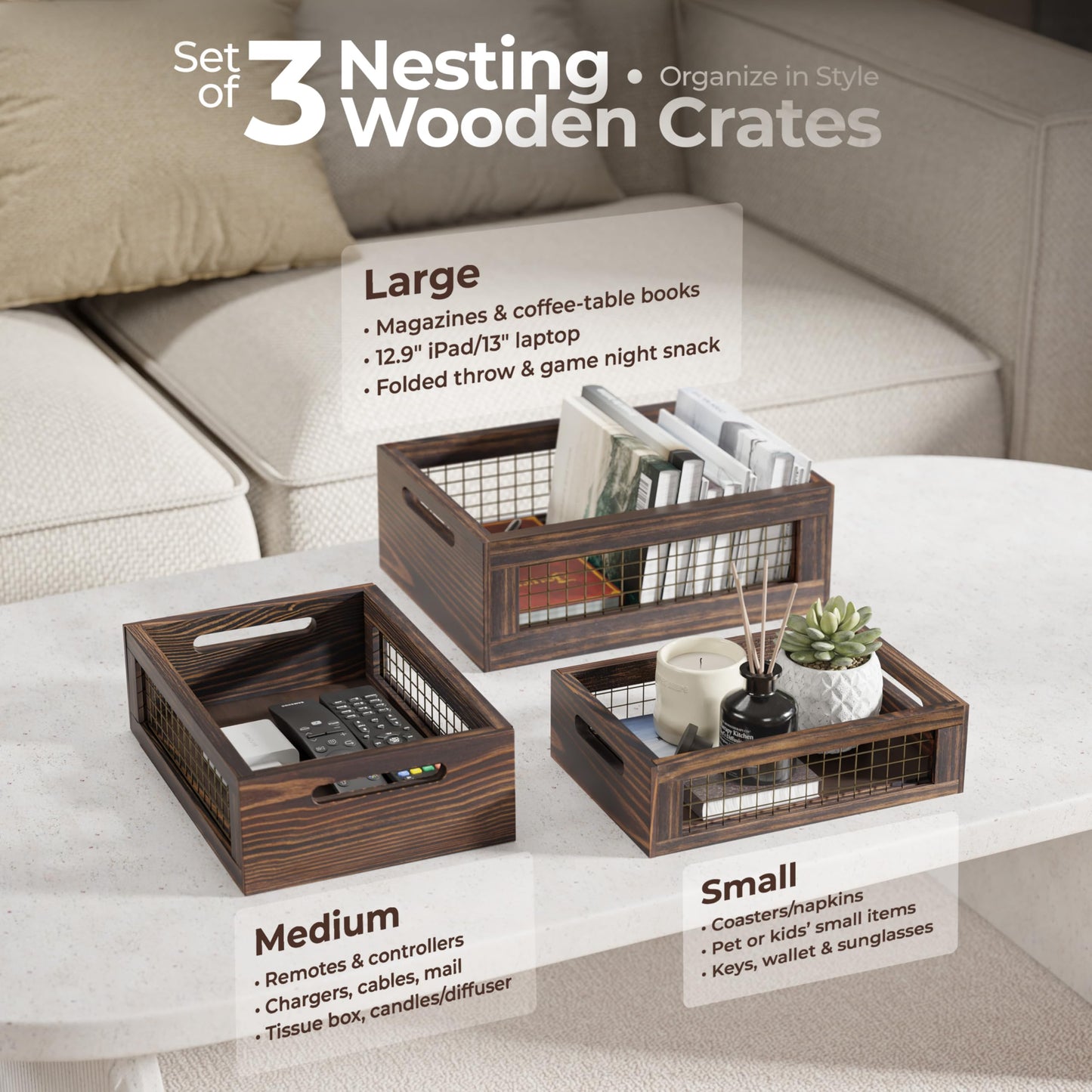 NAGAWOOD Set of 3 Wooden Nesting Countertop Baskets, Rustic Wood Storage Crates with Handles for Kitchen, Pantry, Bathroom, Fruit, Vegetables, Bread