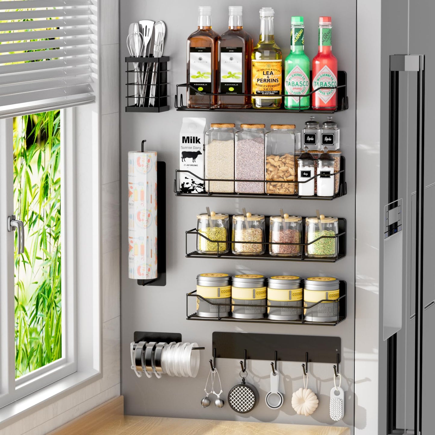 IYEBAU Magnetic Spice Rack for Refrigerator,8 Pack Magnetic Fridge Shelf, Moveable Spice Organizer with Hook Rack, Paper Towel Holder, Utensil Holder,cup lid holder, Super Magnetic Rack Set (Black)
