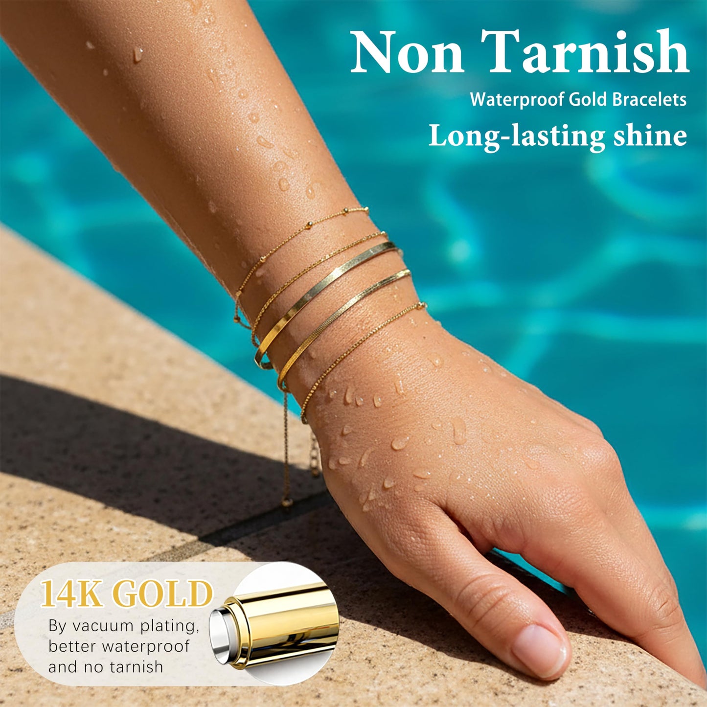 Dainty Gold Bracelets for Women, Minimalist 14K Gold Plated Stackable Thin Bracelet Set Box Link, Paperclip, Herringbone, Sparkling Chain, Bangle Cuff, Adjustable Simple Small Waterproof Jewelry Gifts for Women