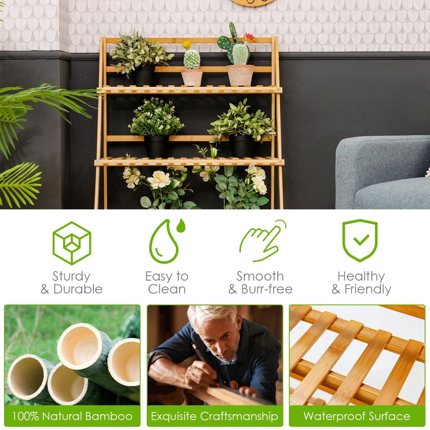 Giantex 3 Tier Folding Storage Shelf, Bamboo Ladder Plant Stand, Multiple Flower Pot Holder Succulent Display Rack, Foldable Shelving Unit for Balcony Garden Living Room Indoor Outdoor