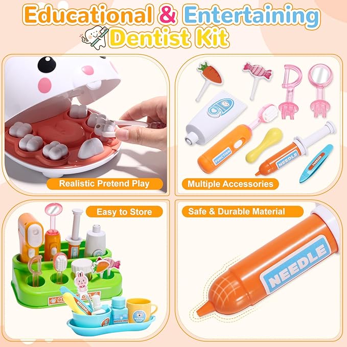 Dentist Kit Pretend Play Set, 31PCS Teeth Dental Tools Medical Accessories, Pet Doctor Role Play Toys Playset, Educational Gift for Kids Toddlers Girls Ages 3+