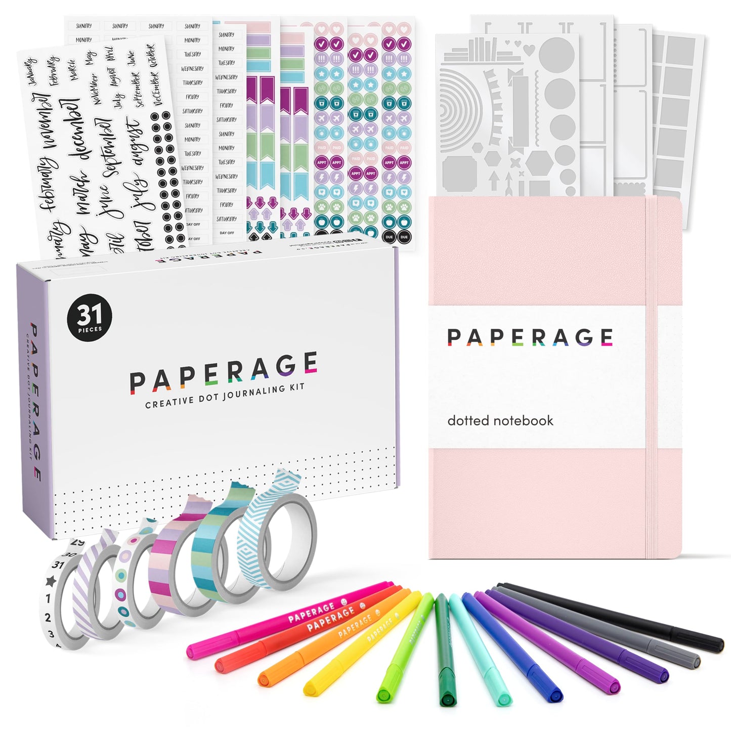 PAPERAGE Bullet Style Journal Kit, Dotted Journaling Set & Stationary Kit, Hardcover Dotted Journal Notebook (Blush), 12 Fineliner Pens, 8 Sticker & 4 Stencil Sheets, 6 Washi Tapes