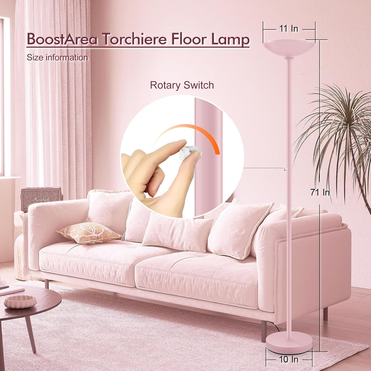 BoostArea Torchiere Floor Lamp Pink, 30W Super Bright LED Standing Lamp, 3000K Stepless Dimmable Pole Lamp with Rotary Switch, 71inch Tall Metal Modern Floor Lamps for Living Room,Bedroom,Home Decor