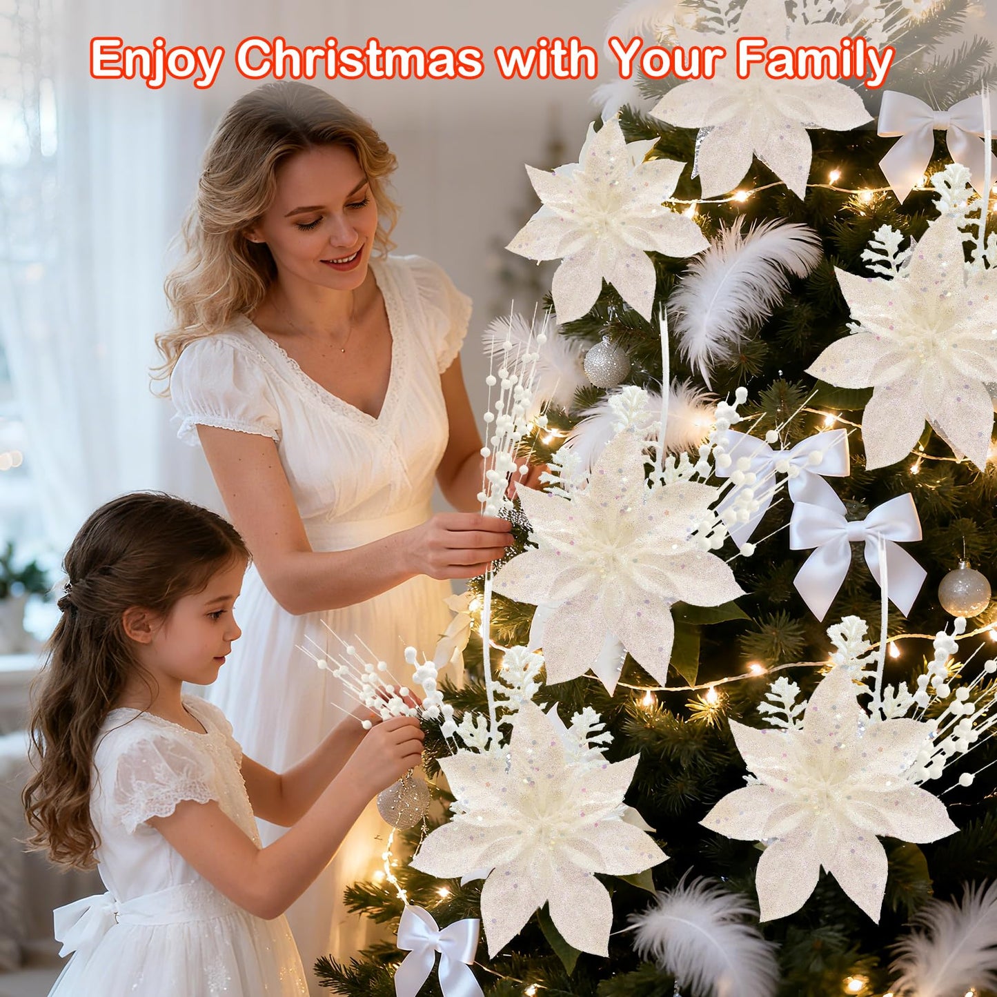 18 Pack Christmas Tree Ornaments Set, 17.5 Inch White Fake Christmas Picks Decorations with 2 Styles, Artificial Glitter Berry Stem Ornaments for Christmas Tree Wedding Small Vase Wreath Decor