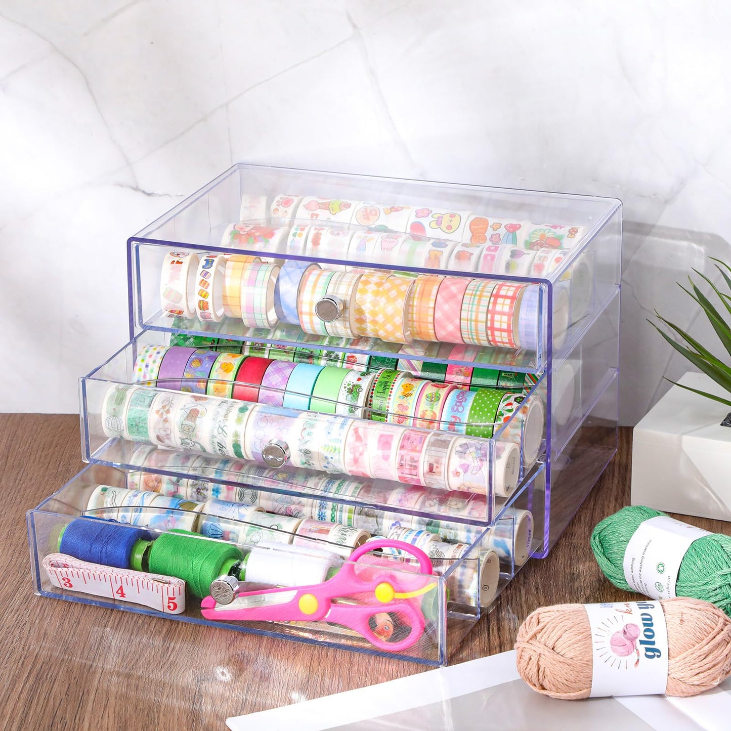 Wonderjune 1 Pack 3 Drawer Washi Tape Organizer Plastic Washi Tape Storage Cube Organizer Box 10 x 7 x 6.8 Large Capacity Clear Storage Drawer Holder for Art Craft Embellishments Jewelry Makeup