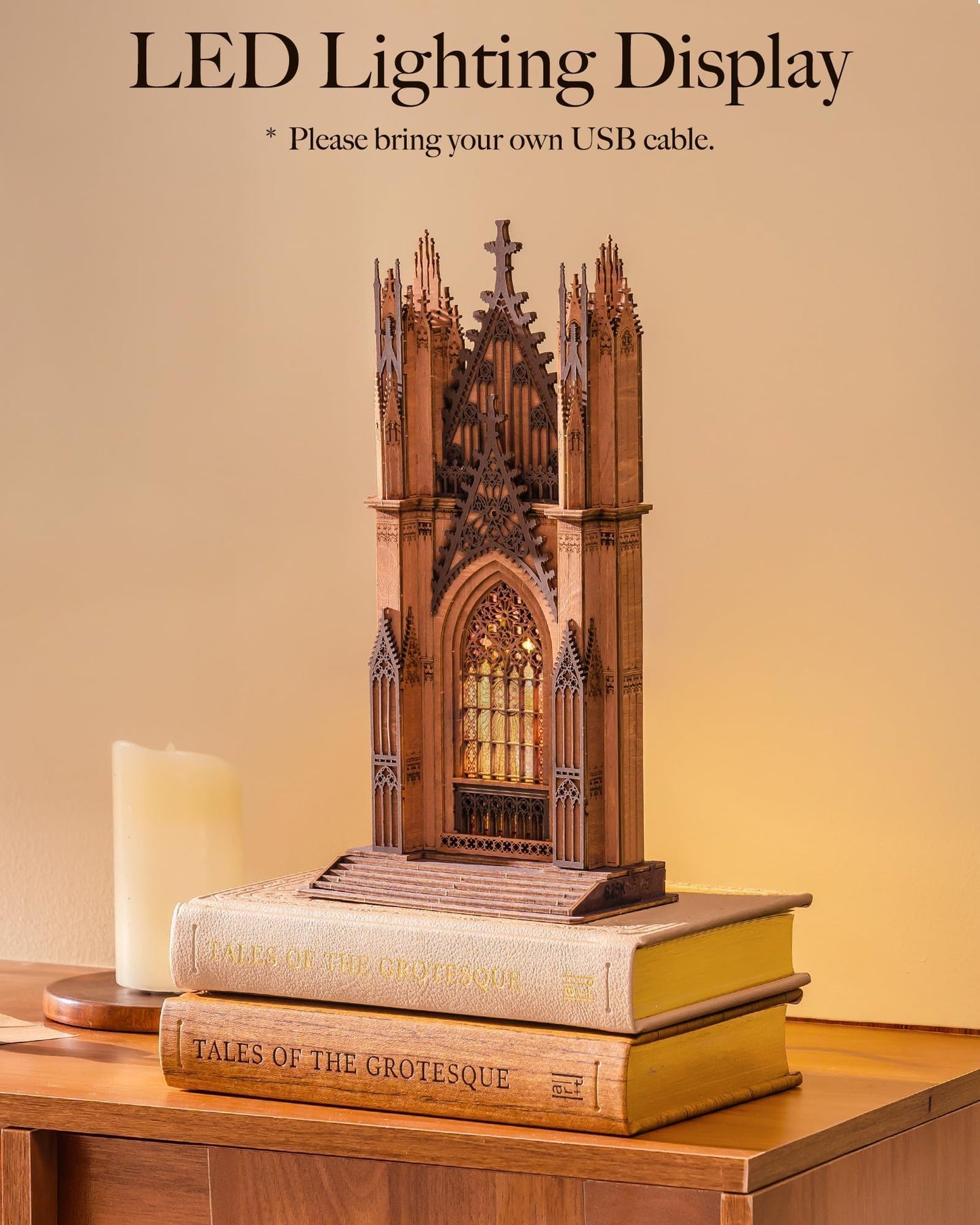 Rolife 3D Wooden Puzzle - Gothic Twin-Tower Cathedral Architecture Model with LED Lights, DIY Craft Building Kit for Adults, Unique Home Decor & Birthday for Hobbyists