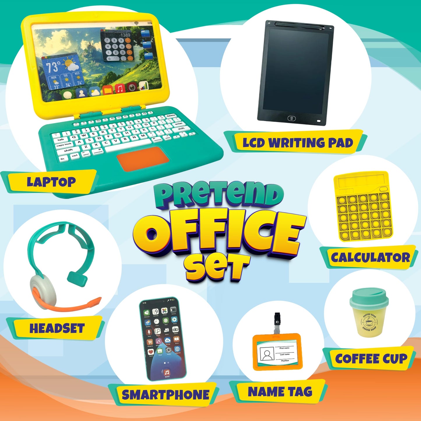 BLOONSY Pretend Play Home Office Set for Kids Ages 3-5-7 | Features Toy Laptop Computer, LCD Writing Tablet, Pop Fidget Calculator, Cell Phone, Headset & Toddlers Beverage Cup