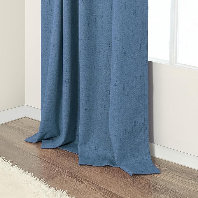 Denim Blue Living Room Black Out Curtains 63 Inch Long Insulated Thermal Darkening Kitchen Drape for Windows Over Sink Boho Linen Textured Blackout Curtain for Dining Room Kids Bedroom Basement Office
