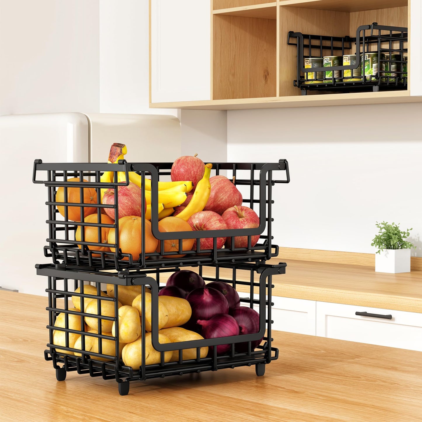 2 Pack Stackable Metal Wire Vegetable Fruit Basket for Kitchen Counter Cabinet, Pantry Organizers and Storage Basket, Food Can Snack Onion Potato Bread Storage Shelf Freezer Organizer Bins Containers